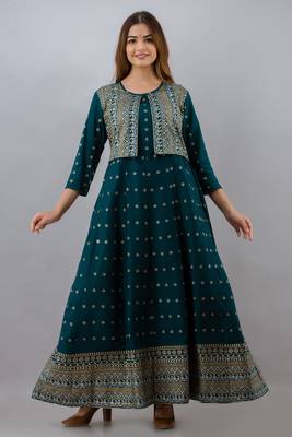 ftDiva Women Aztec Anarkali Jacketed Kurta in Blue 1