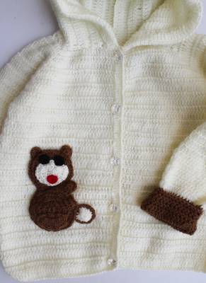 Woonie Full Sleeves Animal Design Handmade Hooded Sweater With Pants   Cream 5
