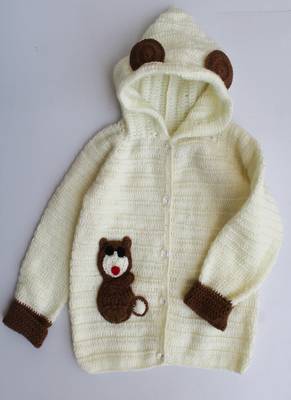 Woonie Full Sleeves Animal Design Handmade Hooded Sweater With Pants   Cream 6