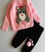 Woonie Full Sleeves Handmade Bear Sweater With Pants Pink