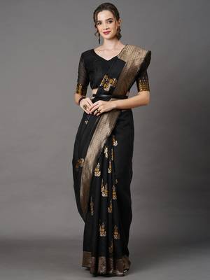 Sareemall Black Festive Linen Woven Design Saree With Unstitched Blouse 1