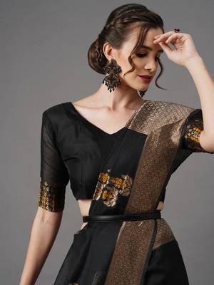 Sareemall Black Festive Linen Woven Design Saree With Unstitched Blouse 3