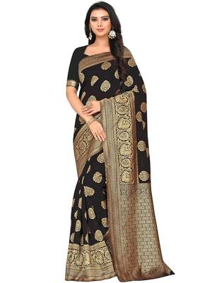 Black Woven Silk Blend Saree With Blouse 2