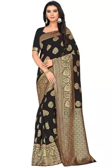 Black Woven Silk Blend Saree With Blouse