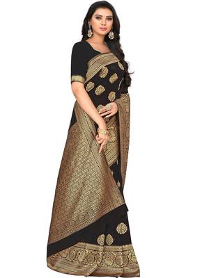 Black Woven Silk Blend Saree With Blouse 3