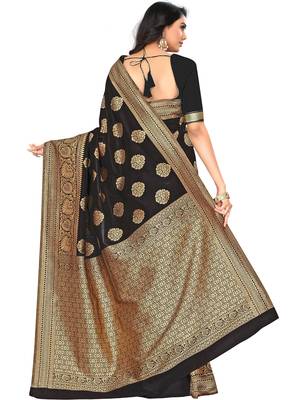 Black Woven Silk Blend Saree With Blouse 5