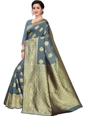 Grey Woven Silk Blend Saree With Blouse 1