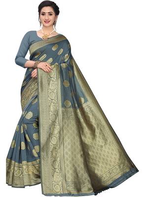 Grey Woven Silk Blend Saree With Blouse 2