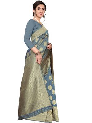 Grey Woven Silk Blend Saree With Blouse 3