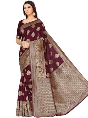 Maroon Woven Silk Blend Saree With Blouse 1