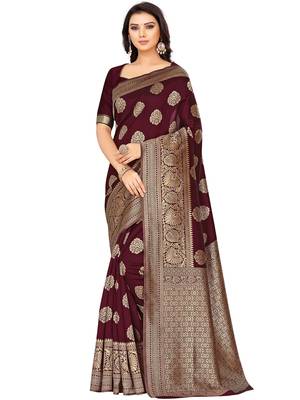 Maroon Woven Silk Blend Saree With Blouse 2