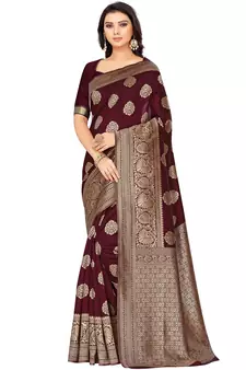 Maroon Woven Silk Blend Saree With Blouse
