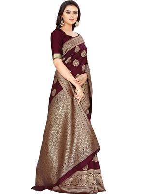 Maroon Woven Silk Blend Saree With Blouse 3