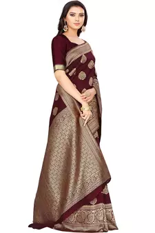 Maroon Woven Silk Blend Saree With Blouse