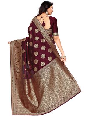 Maroon Woven Silk Blend Saree With Blouse 5