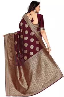 Maroon Woven Silk Blend Saree With Blouse