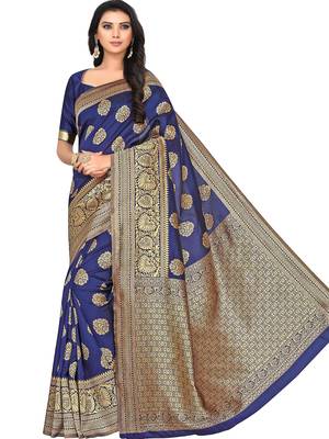 Navy Blue Woven Silk Blend Saree With Blouse 1