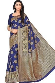 Navy Blue Woven Silk Blend Saree With Blouse