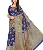 Navy Blue Woven Silk Blend Saree With Blouse
