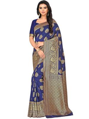 Navy Blue Woven Silk Blend Saree With Blouse 2