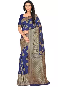 Navy Blue Woven Silk Blend Saree With Blouse