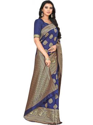 Navy Blue Woven Silk Blend Saree With Blouse 3