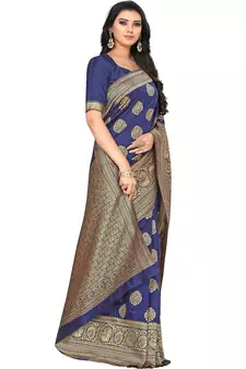 Navy Blue Woven Silk Blend Saree With Blouse