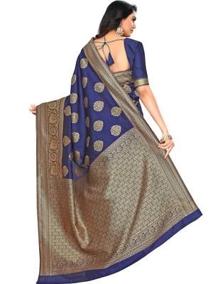 Navy Blue Woven Silk Blend Saree With Blouse 5
