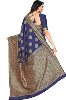 Navy Blue Woven Silk Blend Saree With Blouse