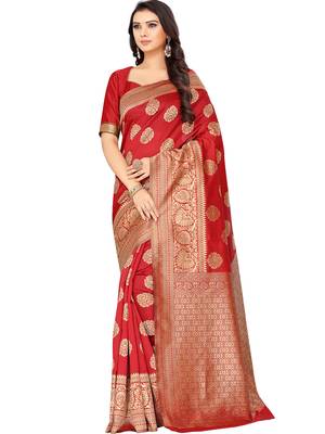 Red Woven Silk Blend Saree With Blouse 1