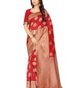 Red Woven Silk Blend Saree With Blouse