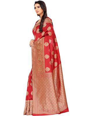 Red Woven Silk Blend Saree With Blouse 2