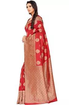 Red Woven Silk Blend Saree With Blouse