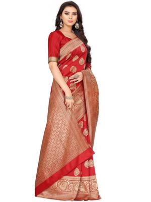 Red Woven Silk Blend Saree With Blouse 3