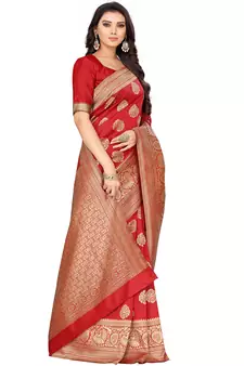 Red Woven Silk Blend Saree With Blouse