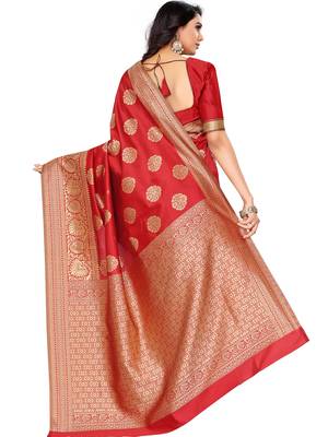 Red Woven Silk Blend Saree With Blouse 5