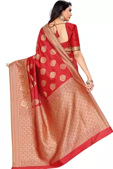 Red Woven Silk Blend Saree With Blouse