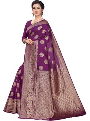 Purple Woven Silk Blend Saree With Blouse 1