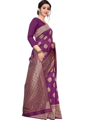 Purple Woven Silk Blend Saree With Blouse 2