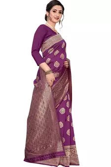 Purple Woven Silk Blend Saree With Blouse