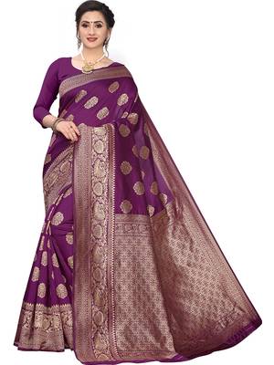 Purple Woven Silk Blend Saree With Blouse 3