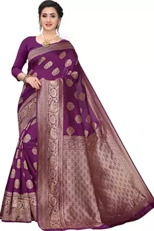 Purple Woven Silk Blend Saree With Blouse