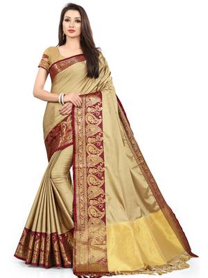Beige Woven Silk Blend Saree With Blouse 1