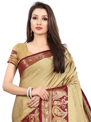 Beige Woven Silk Blend Saree With Blouse 2