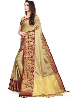 Beige Woven Silk Blend Saree With Blouse 3