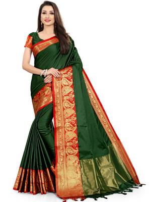 Dark Green Woven Silk Blend Saree With Blouse 1