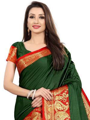 Dark Green Woven Silk Blend Saree With Blouse 2