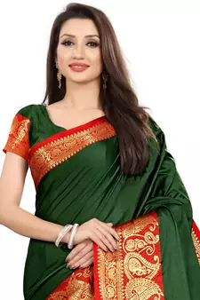 Dark Green Woven Silk Blend Saree With Blouse