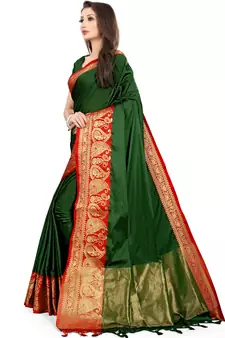 Dark Green Woven Silk Blend Saree With Blouse