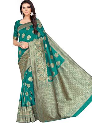 Turquoise
 Woven Silk Blend Saree With Blouse 1